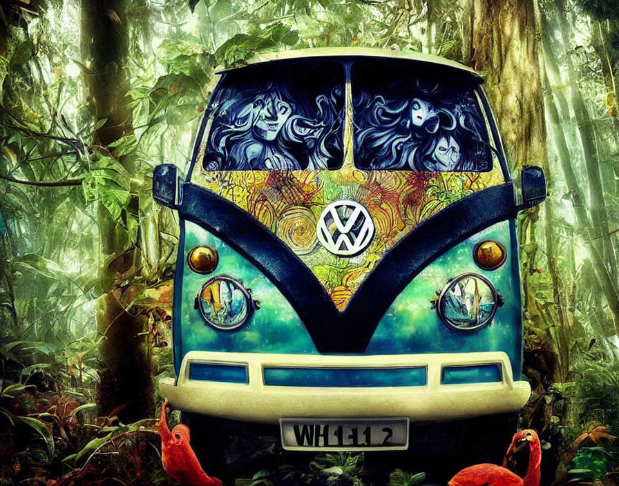 Colorful Volkswagen Van in Mystical Forest with Red Parrots