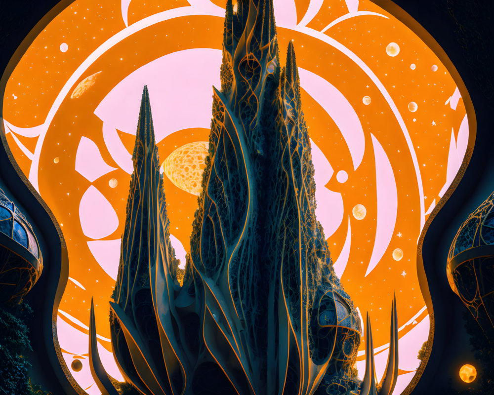 Surreal fractal landscape with spire-like structures and swirling orange patterns