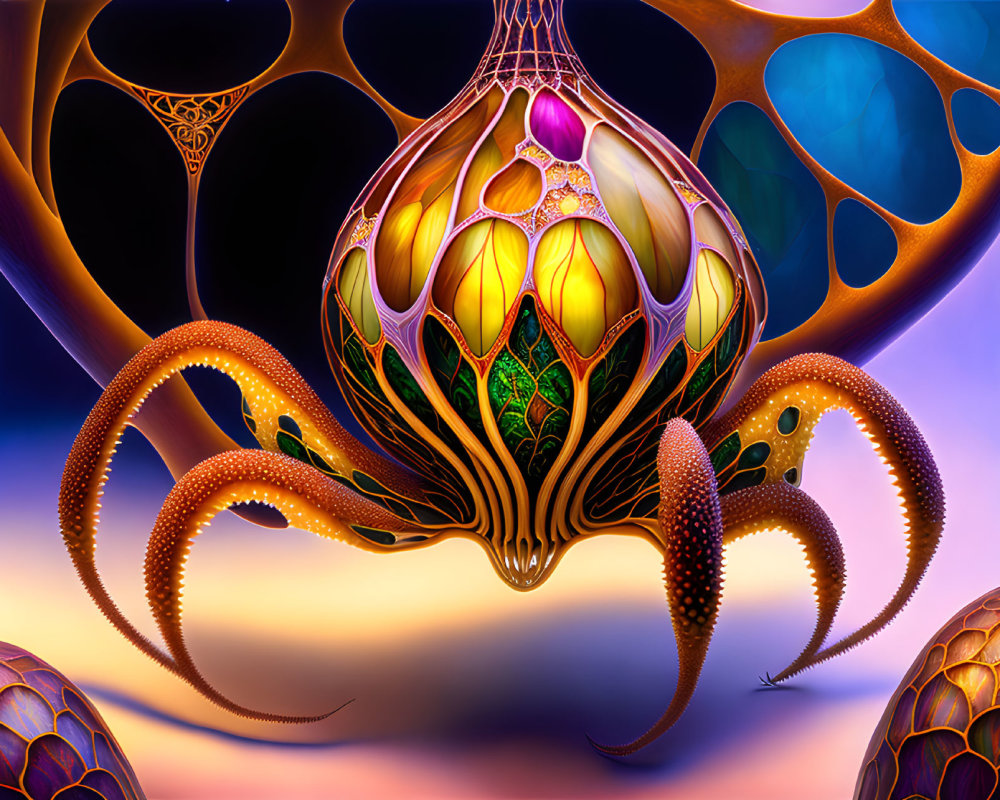 Colorful octopus with ornate tentacles on fractal structure in digital artwork