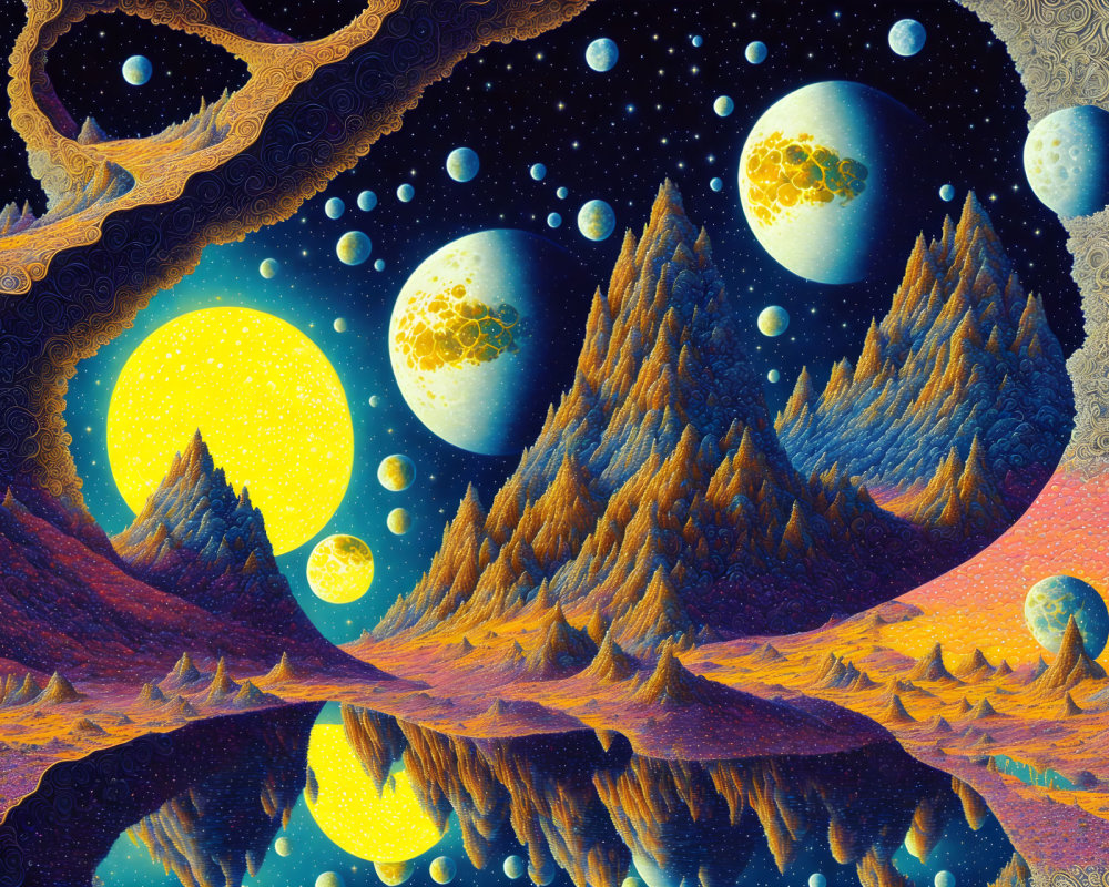 Vibrant surreal landscape with multiple moons and mirrored terrain