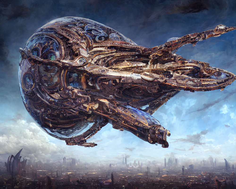 Detailed futuristic spacecraft over cityscape under dramatic sky