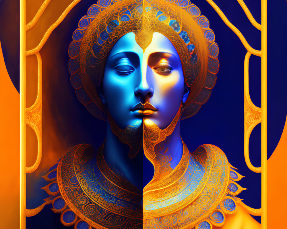 Vibrant digital artwork: Blue-faced figure with orange and gold adornments