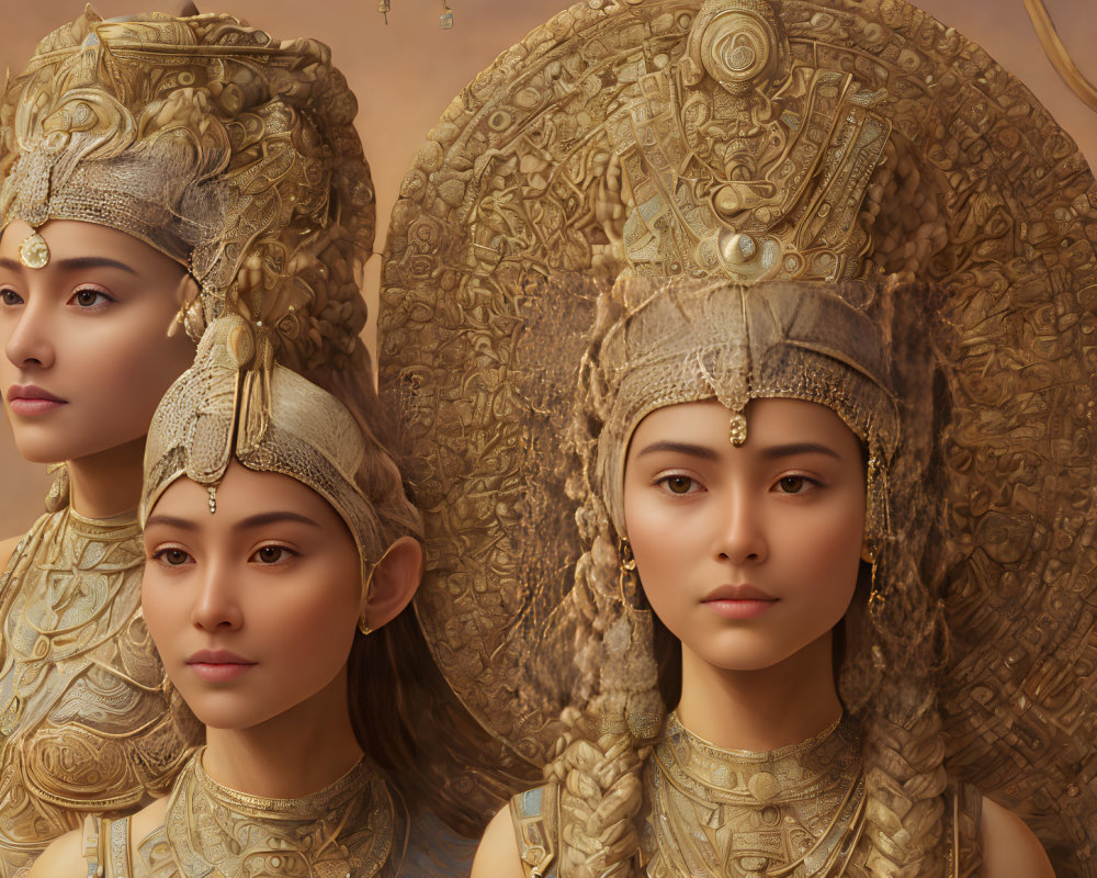 Three Women in Ornate Golden Headdresses and Armor on Matching Golden Backdrop