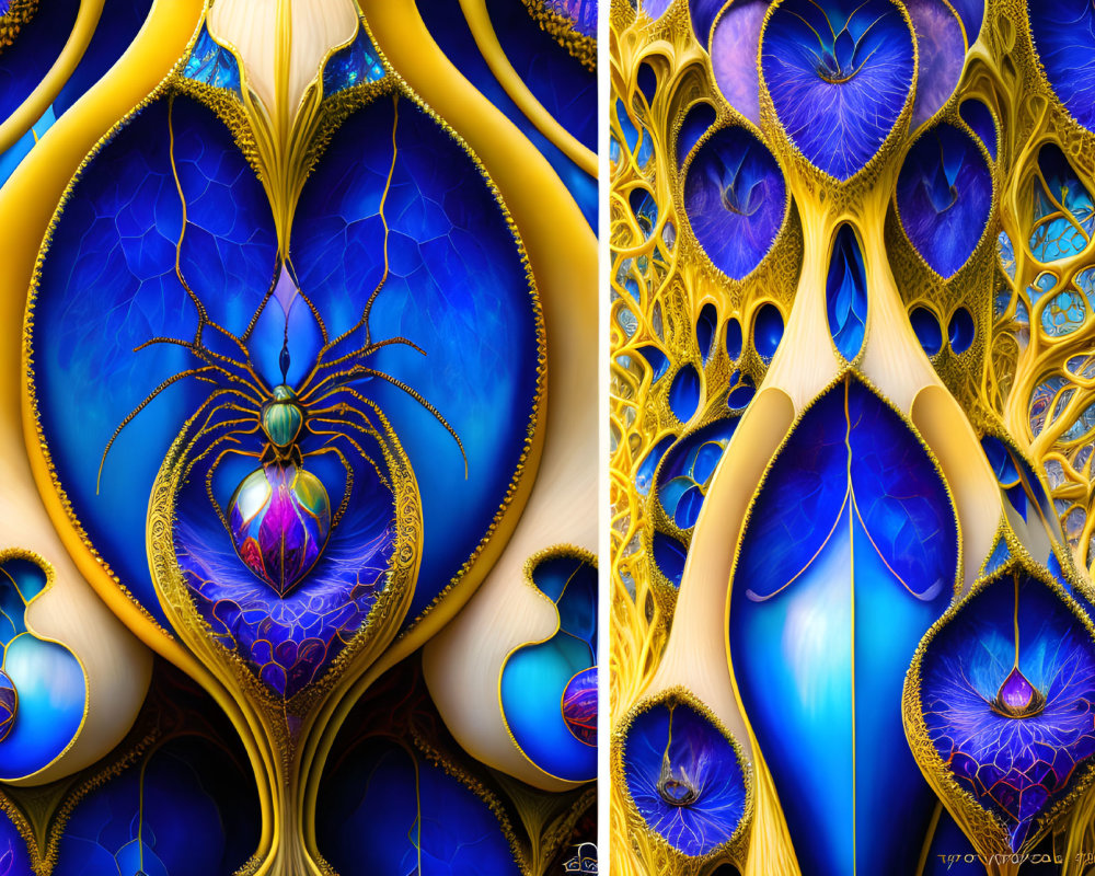 Intricate Royal Blue and Gold Fractal Spider Web Patterns