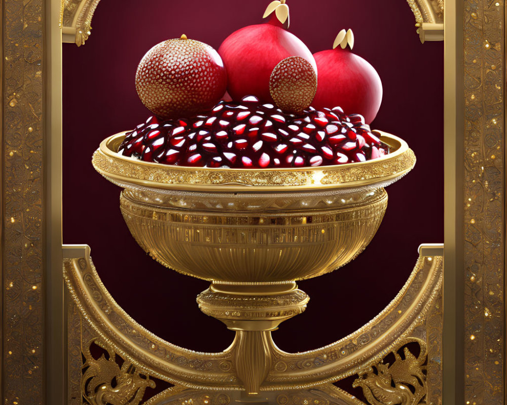 Luxurious Golden Bowl with Pomegranates and Seeds on Regal Purple and Gold Backdrop