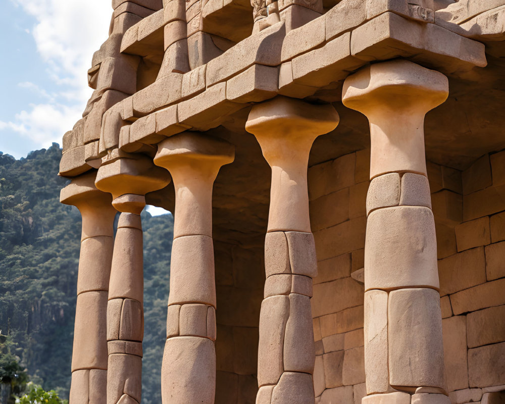 Ancient-style stone columns with intricate carvings in natural setting