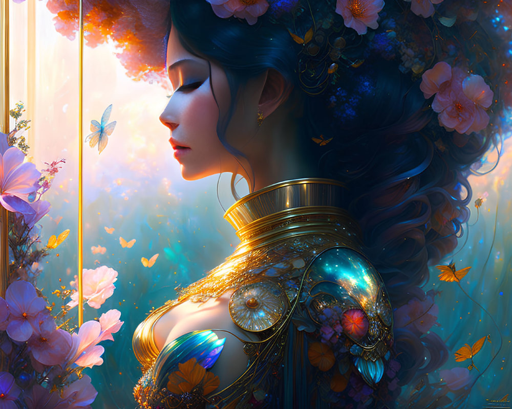 Fantasy image: Woman in ornate armor with floral details, vibrant colors, butterflies, ethereal