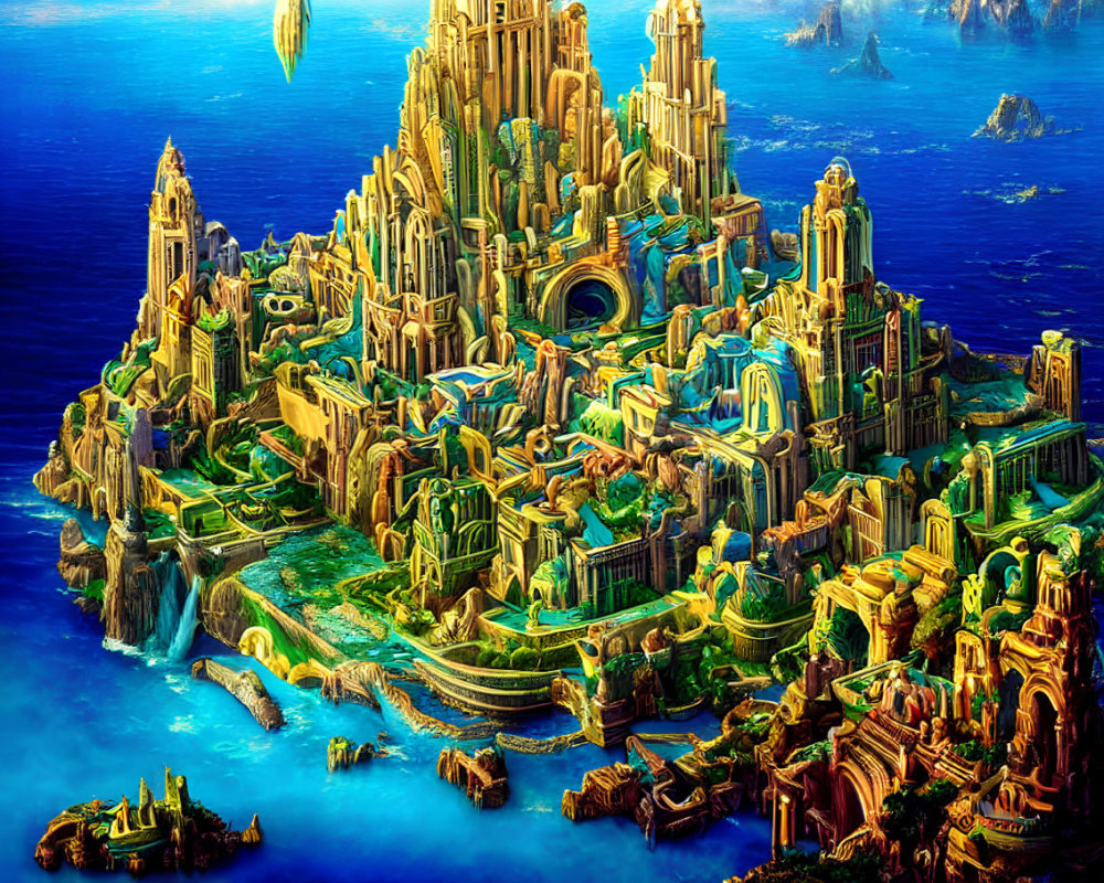 Fantastical cityscape with towering spires and waterfalls on an island.