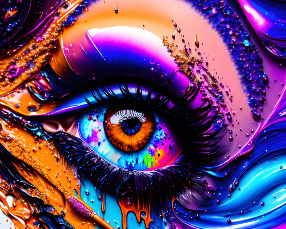 Colorful digital artwork: Eye with swirling, dripping patterns in blues, purples, and oranges