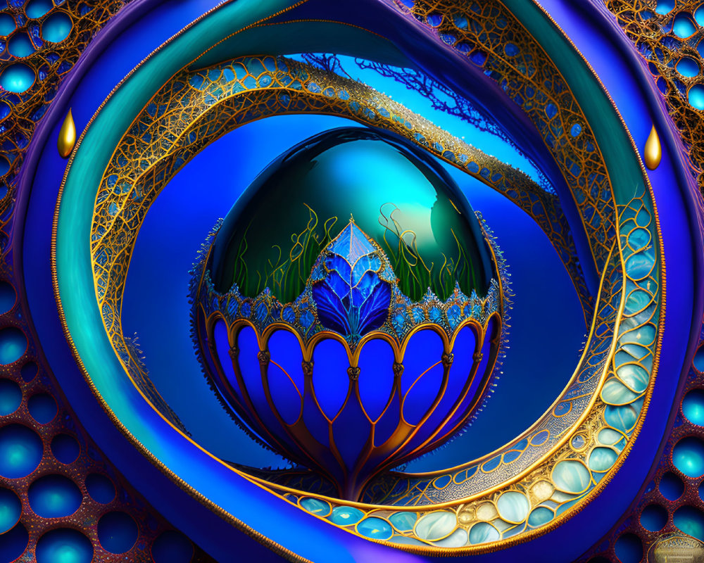 Intricate Blue and Gold Fractal Patterns with Glowing Spherical Object