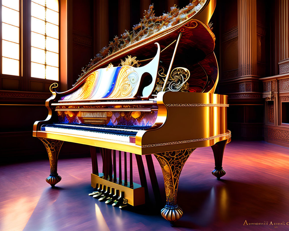 Ornate Gold and Blue Detailed Grand Piano in Elegant Room