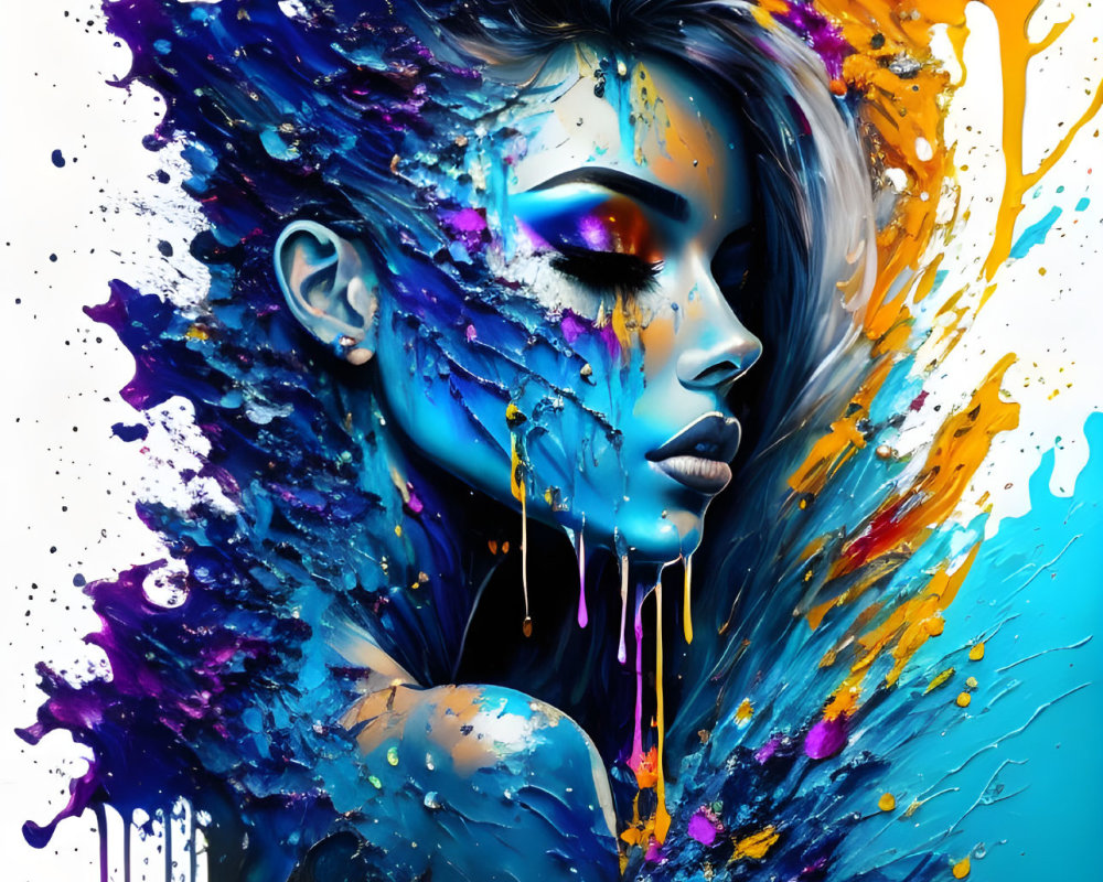 Colorful Digital Artwork: Woman with Blue Skin & Rainbow Hair