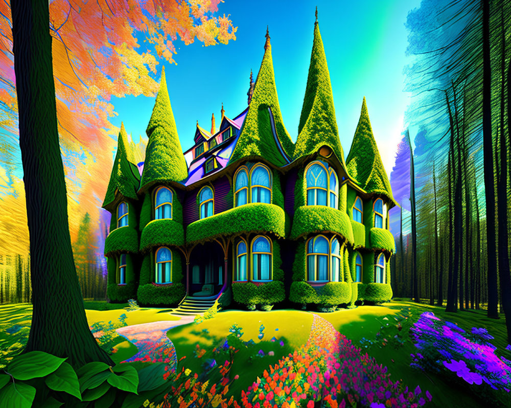 Fantasy house with conical roofs in colorful forest landscape