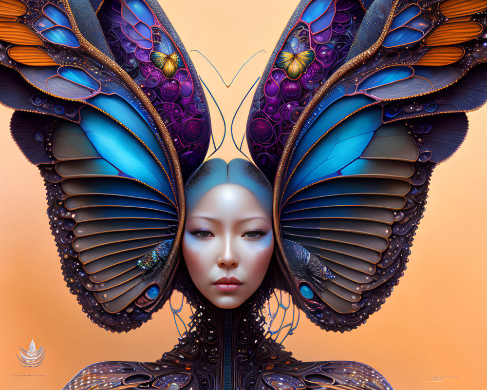 Symmetrical digital artwork of female figure with butterfly wings in vibrant blue and orange colors