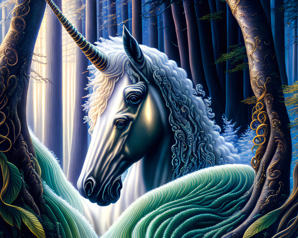 Majestic unicorn with spiraled horn in enchanted forest