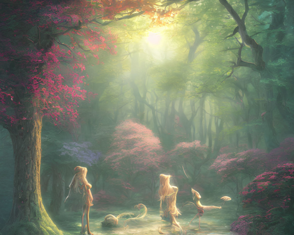 Enchanted forest with ethereal women, swans, and sunbeams