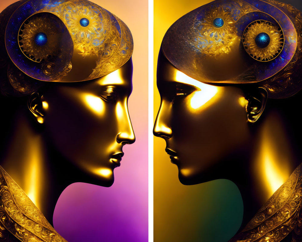 Symmetrical digital artwork: Golden female figure with ornate headdress on warm split background