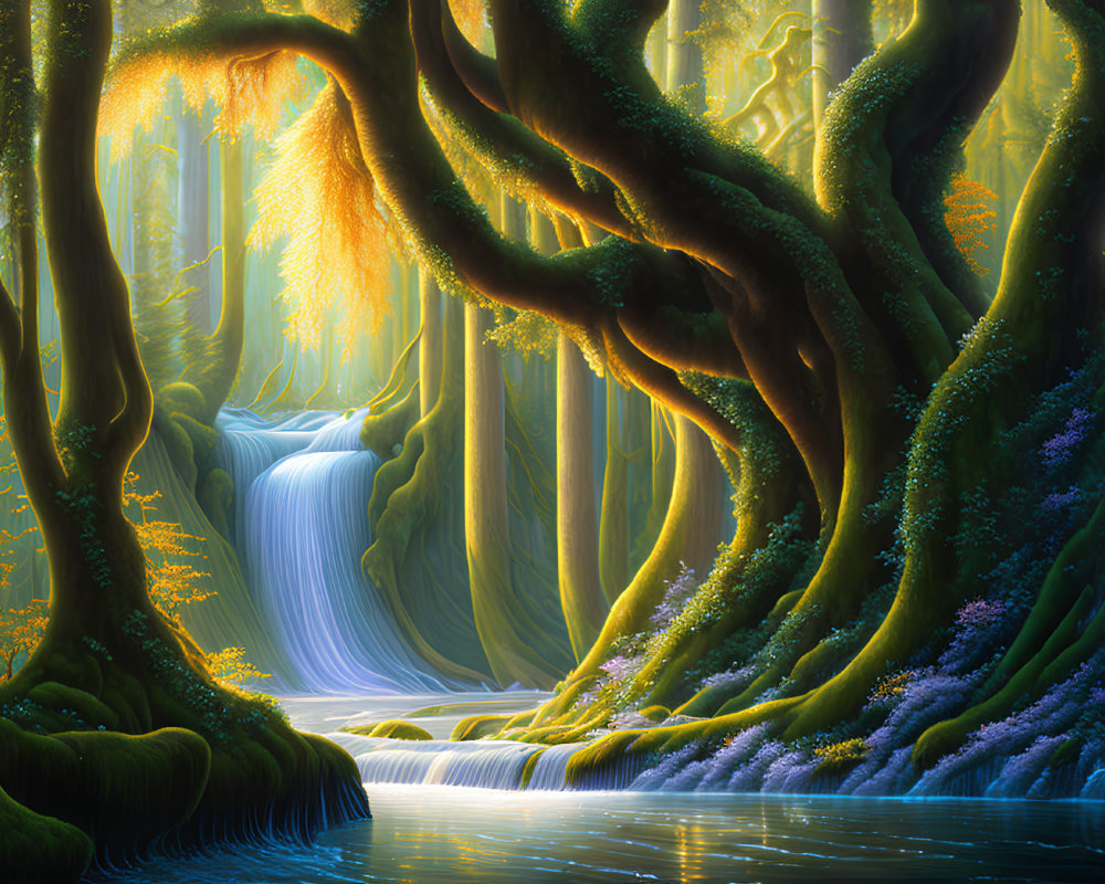 Tranquil forest waterfall with sunlight, moss, and blue flowers