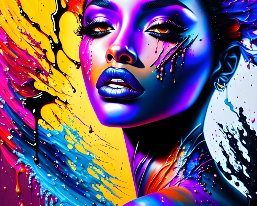 Colorful digital artwork of a woman with paint splashes on black background