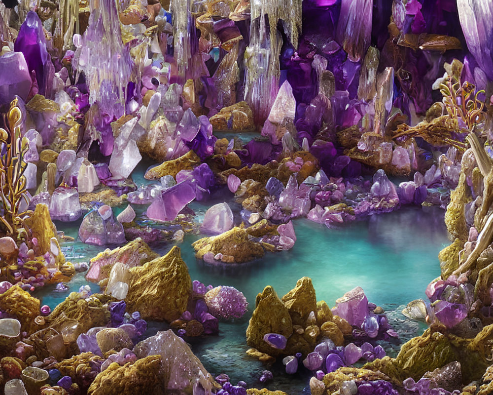 Vibrant amethyst crystal cave with teal water pool & colorful minerals