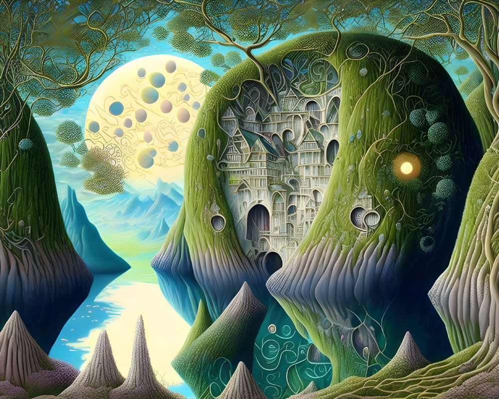 Moonlit Cliff-side Castles in Surreal Fantasy Landscape