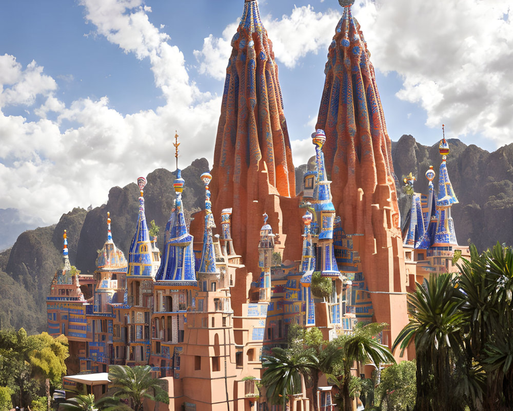 Colorful Spire Castle Against Mountain Backdrop & Tropical Foliage