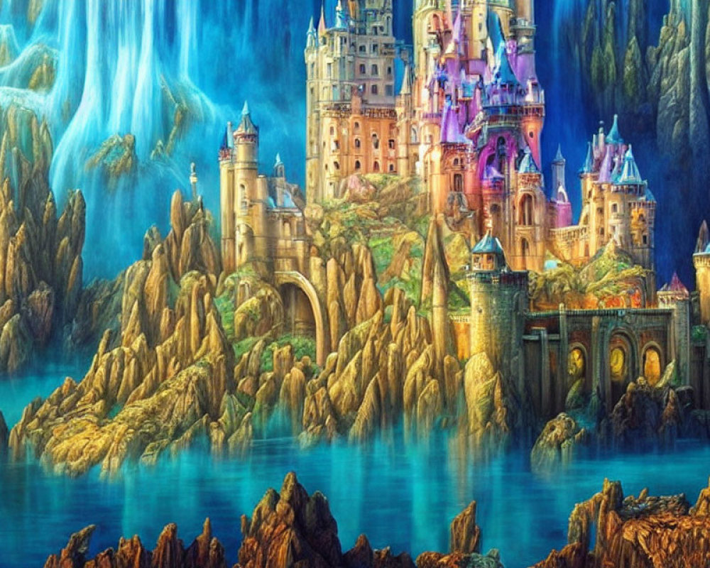 Fantasy castle with multiple towers on rugged cliffs by mystical blue water