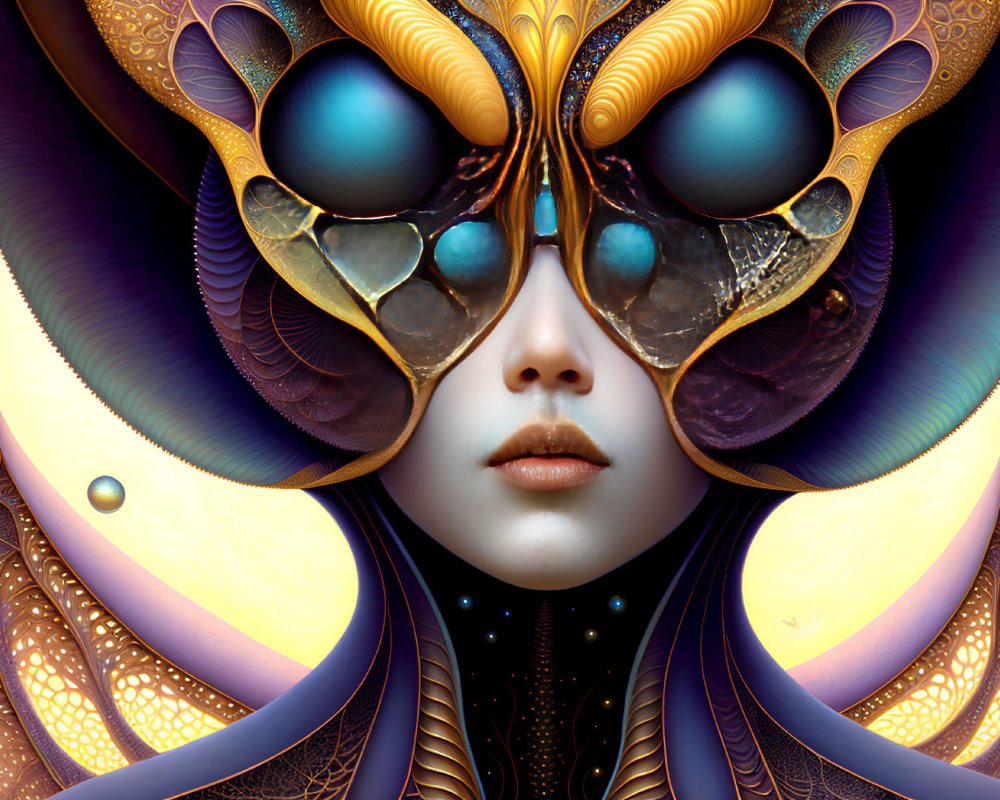 Intricate symmetrical patterns on vibrant humanoid figure.