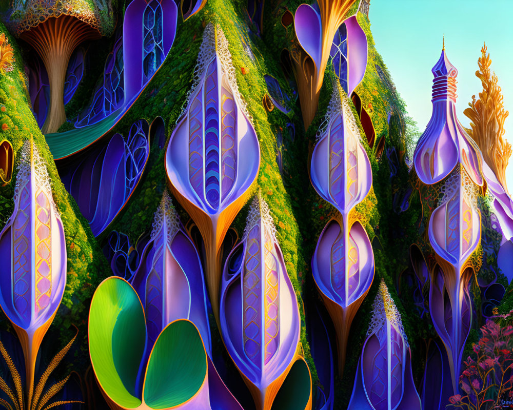 Colorful, organic shapes in a fantastical landscape with intricate patterns among lush foliage