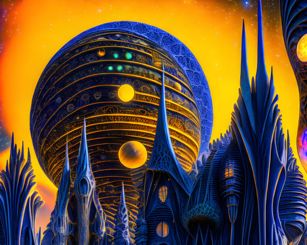 Alien architecture in vibrant, spherical landscape with blue and orange flora.