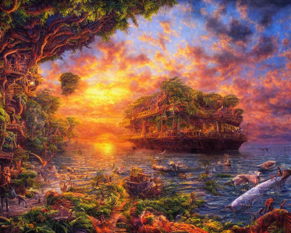 Fantastical sunset landscape with ship, wildlife, and vibrant colors