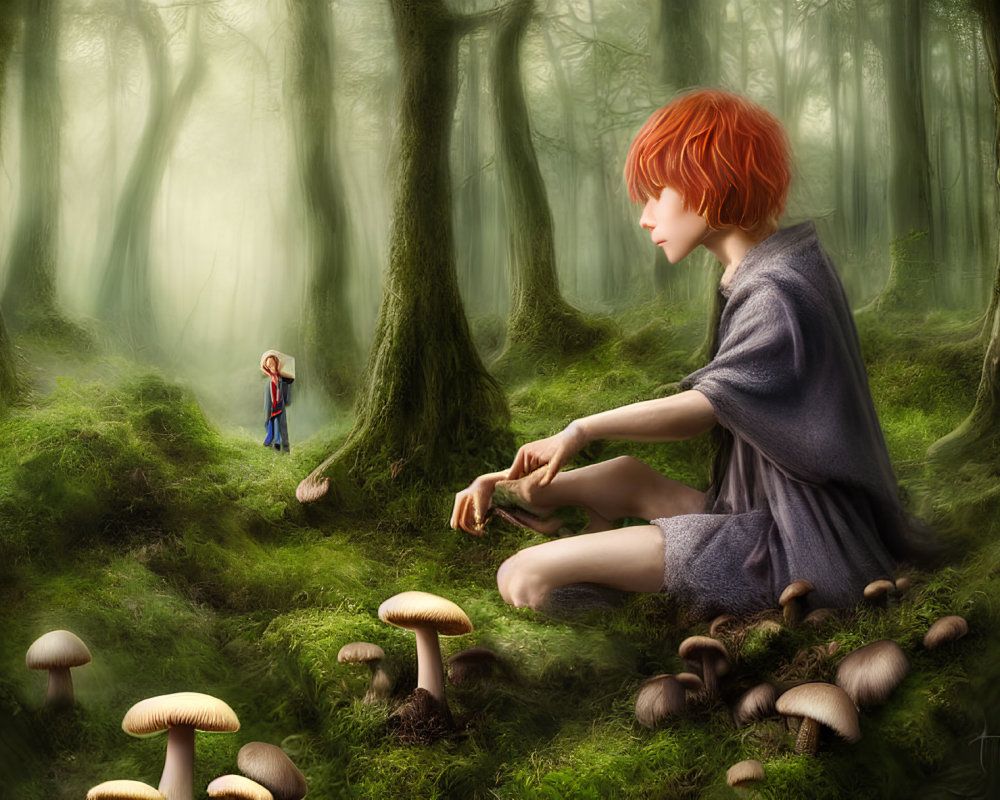 Digital art: Giant boy, tiny girl in mystical forest with oversized mushrooms in ethereal setting