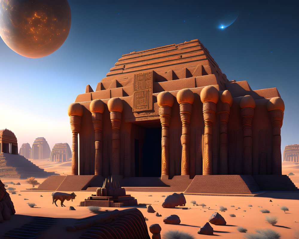 Ancient Egyptian temple in desert twilight with moon and lion