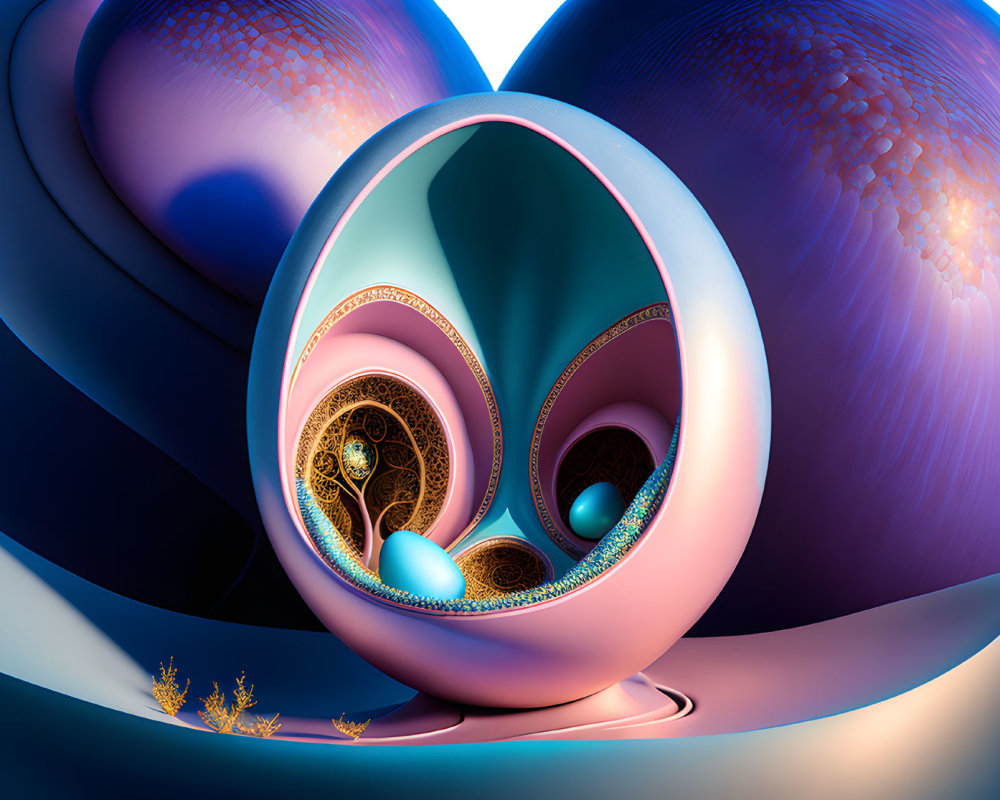 Spiraling Blue, Pink, and Gold Fractal Art with Abstract Patterns