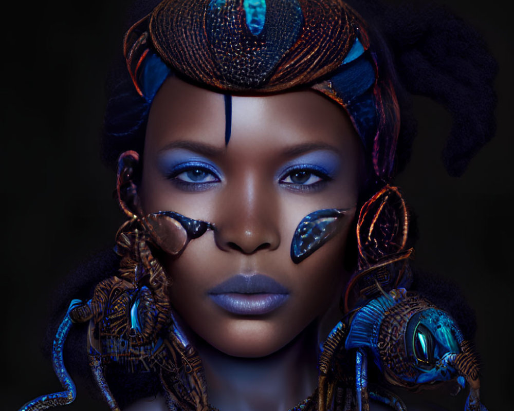 Woman with Stylized Makeup and Beadwork in Vivid Blue Tones