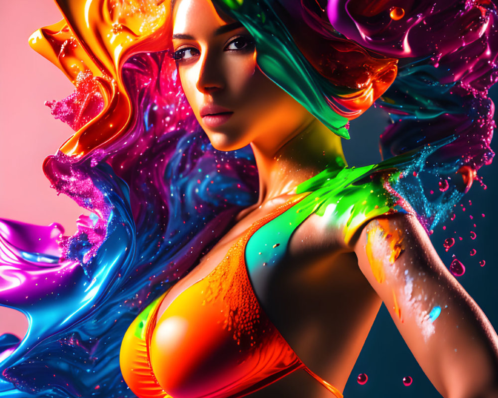 Colorful liquid splashes surround woman in vibrant digital art