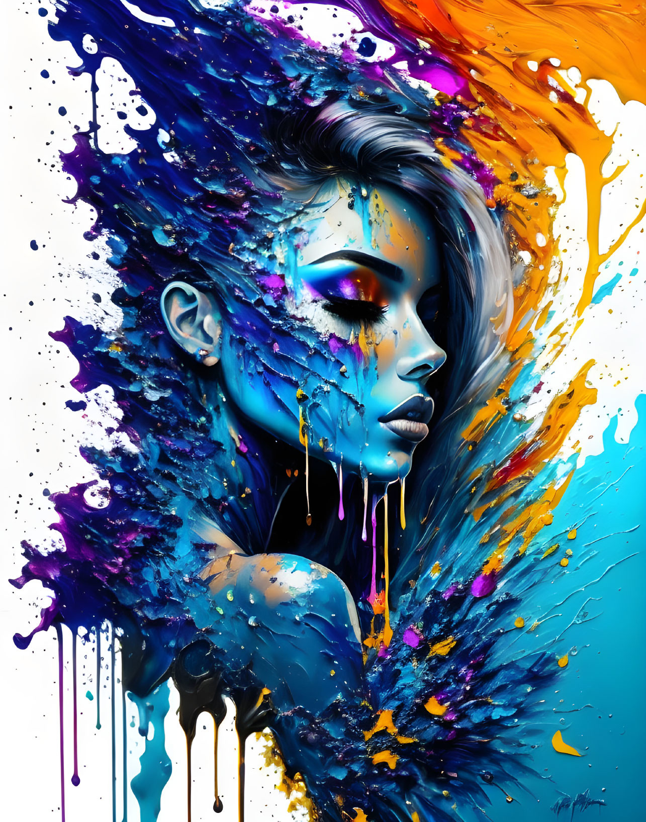 Colorful Digital Artwork: Woman with Blue Skin & Rainbow Hair