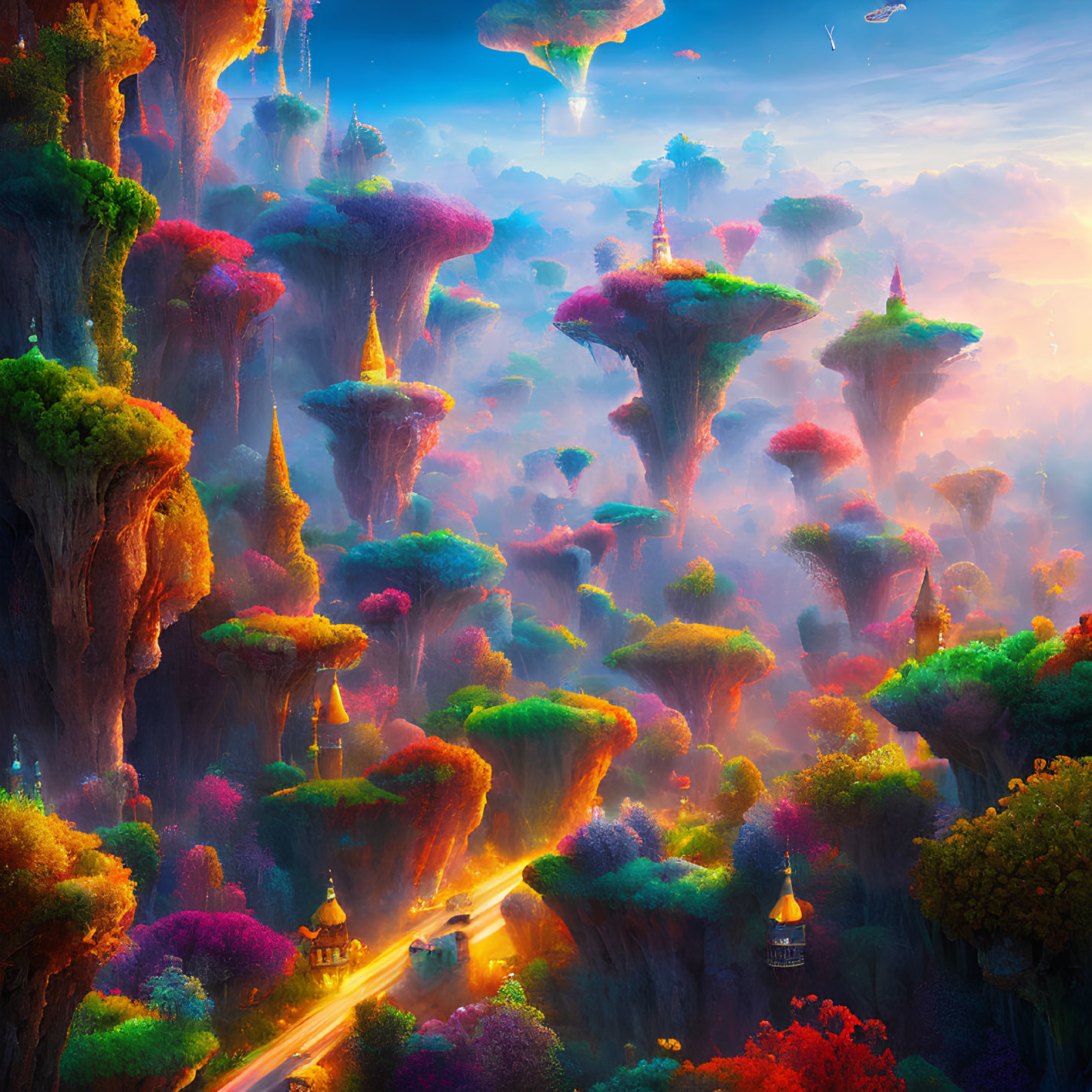 Vibrant fantasy landscape with floating islands and waterfalls