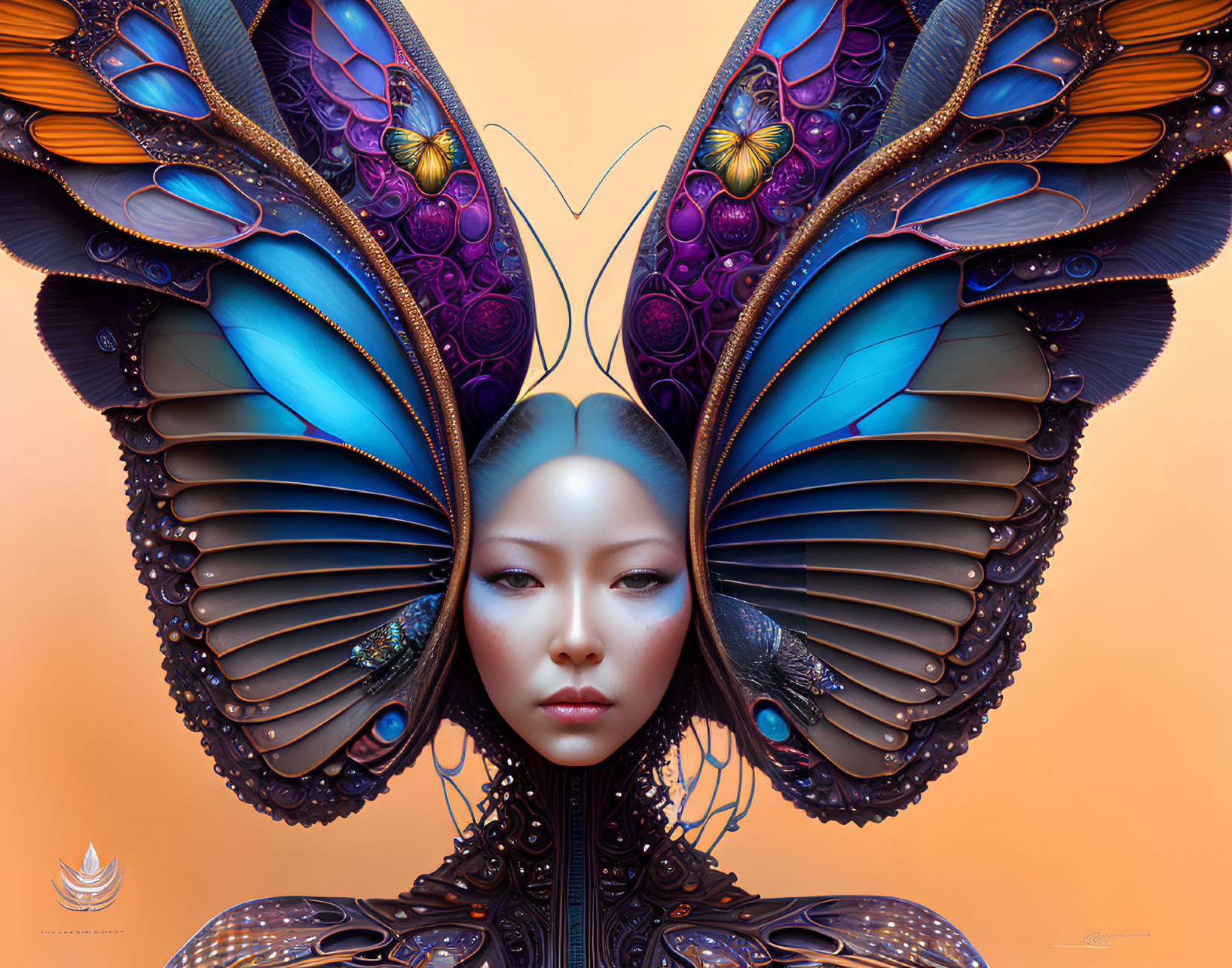 Symmetrical digital artwork of female figure with butterfly wings in vibrant blue and orange colors