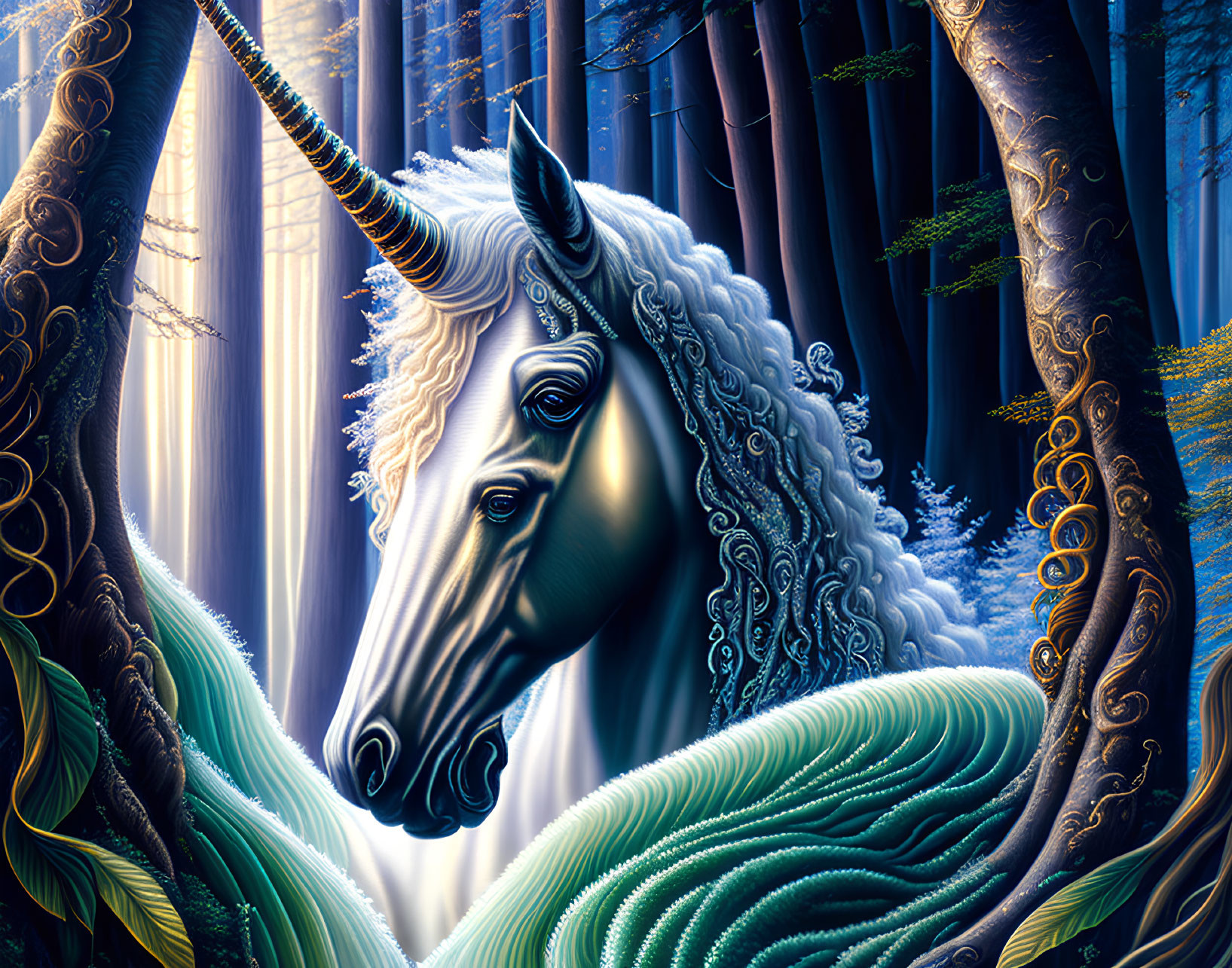 Majestic unicorn with spiraled horn in enchanted forest