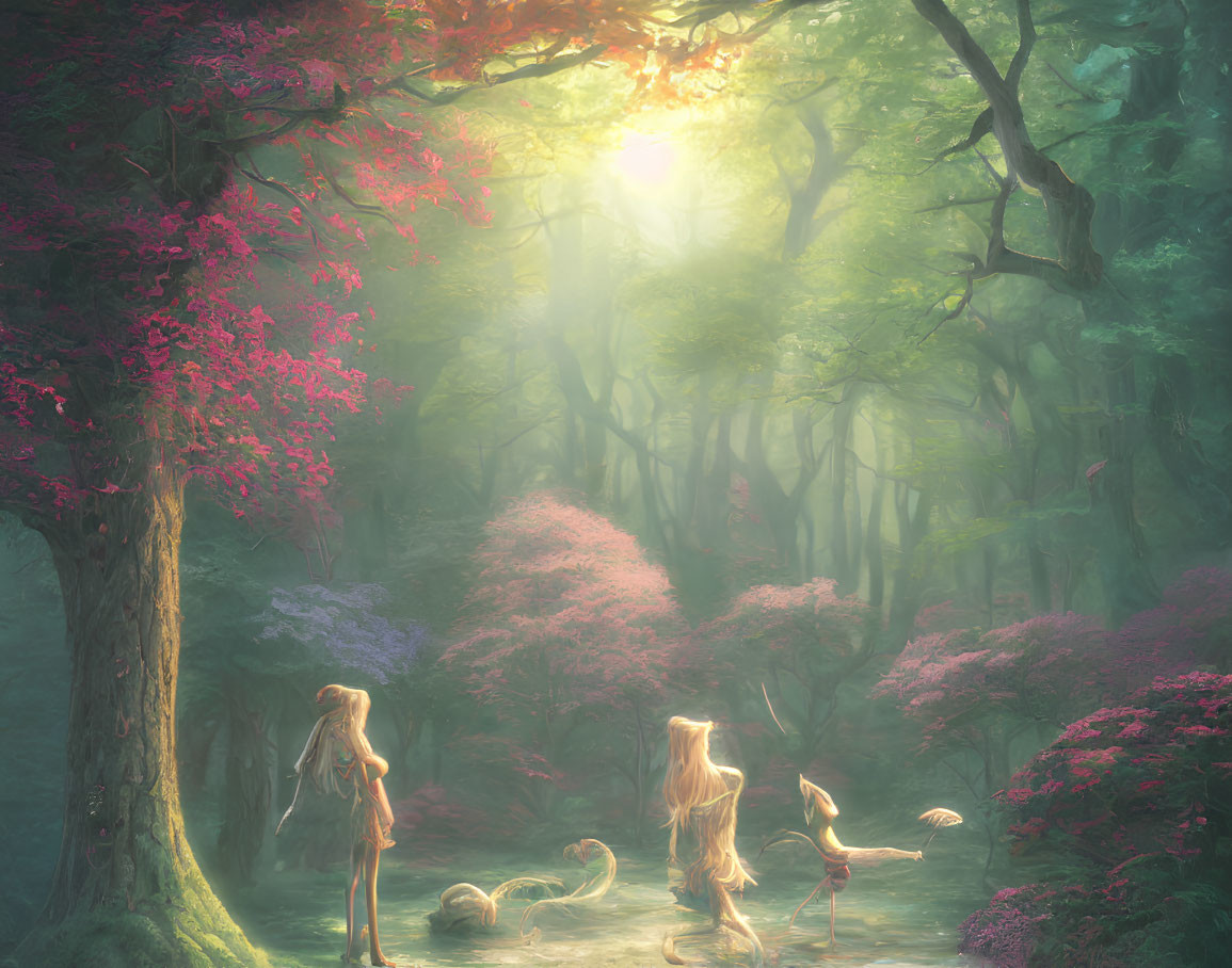 Enchanted forest with ethereal women, swans, and sunbeams