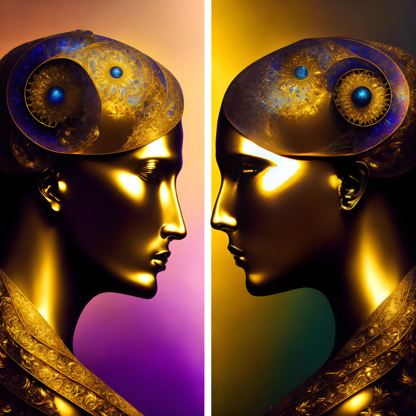 Symmetrical digital artwork: Golden female figure with ornate headdress on warm split background