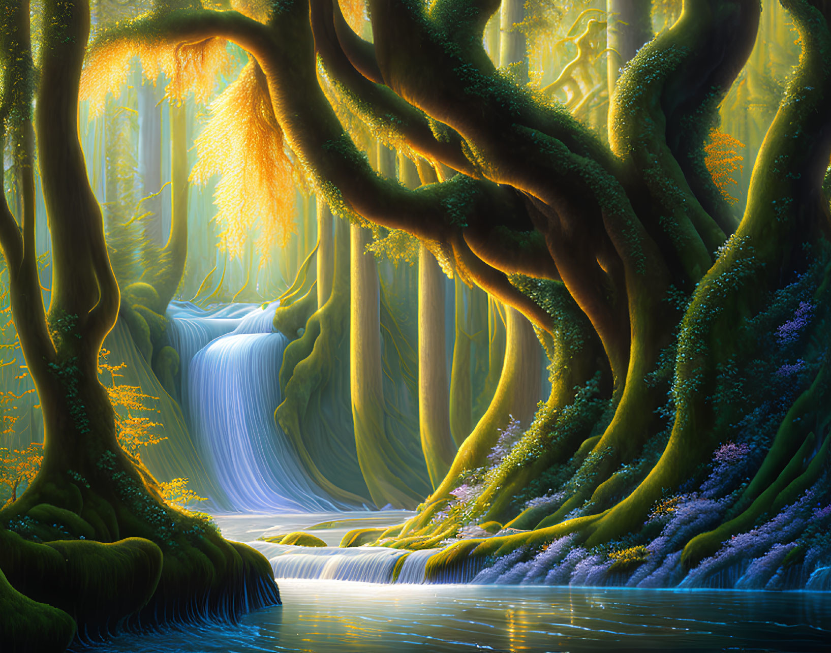 Tranquil forest waterfall with sunlight, moss, and blue flowers