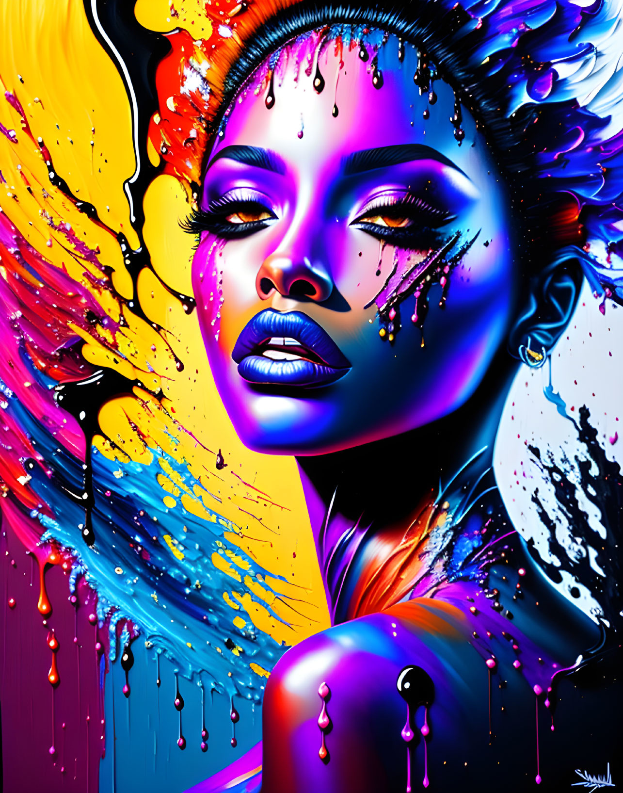 Colorful digital artwork of a woman with paint splashes on black background