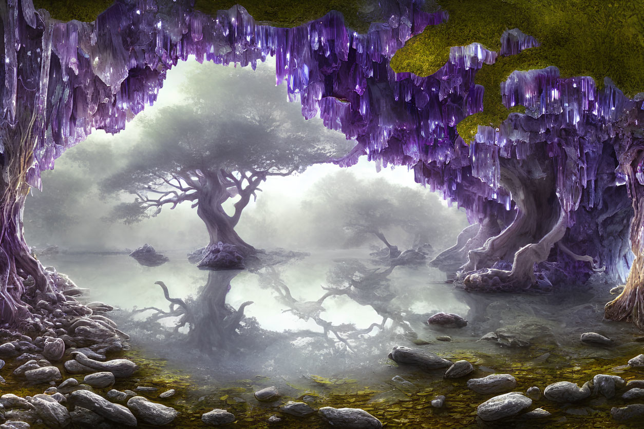 Enchanting forest scene with purple crystals, ancient trees, foggy water, rocks.