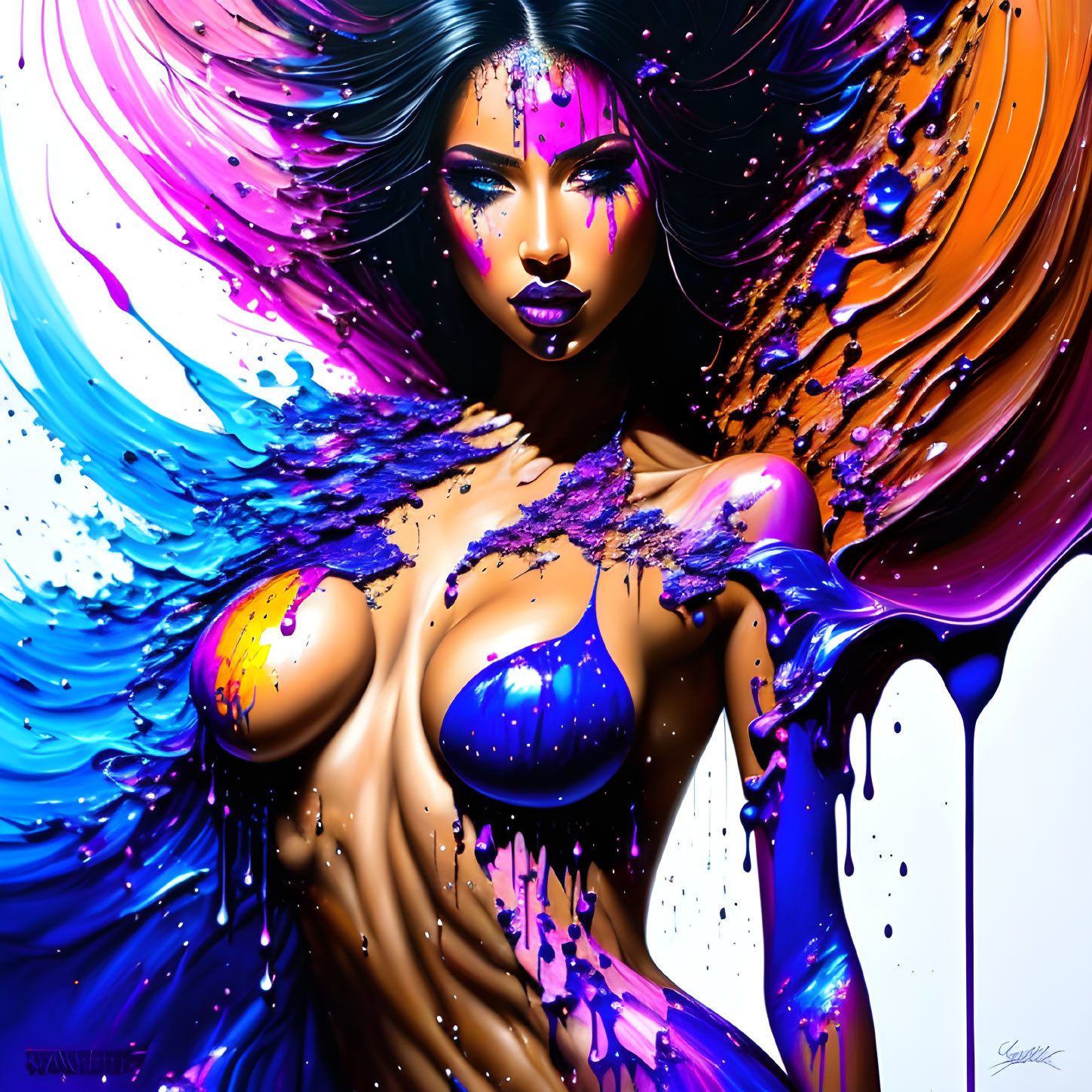 Colorful digital artwork: Woman with paint splash hair and abstract elements in purple, blue, and orange