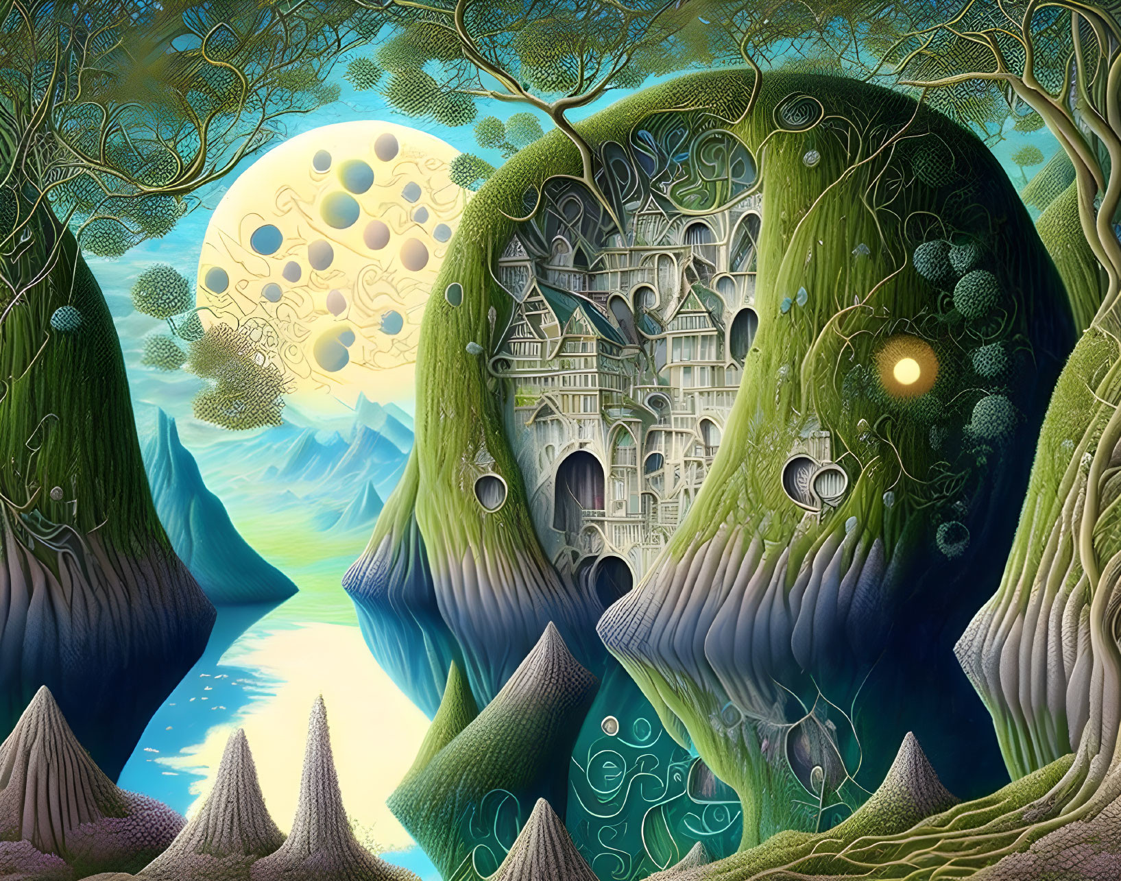 Moonlit Cliff-side Castles in Surreal Fantasy Landscape