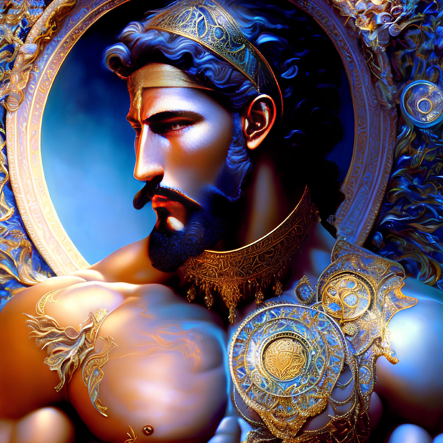 Digital artwork: Bearded man in golden armor with shield on ornamental backdrop