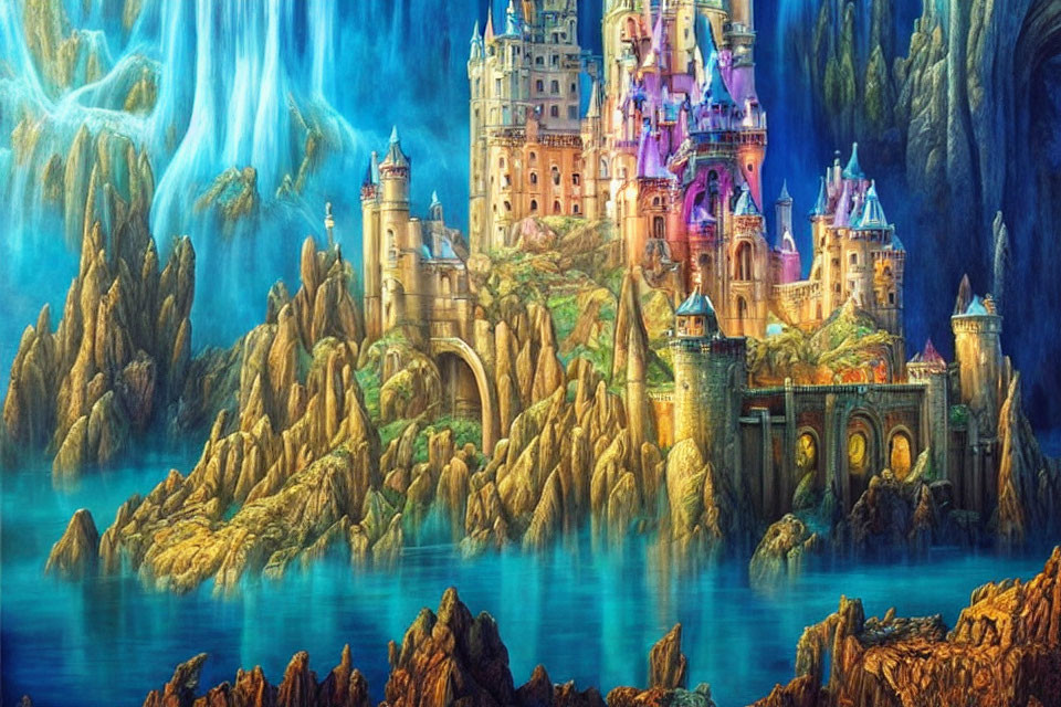 Fantasy castle with multiple towers on rugged cliffs by mystical blue water