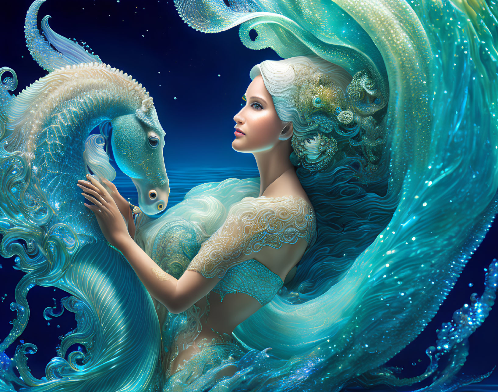 Illustration of woman with flowing ocean wave hair touching seahorse on blue backdrop